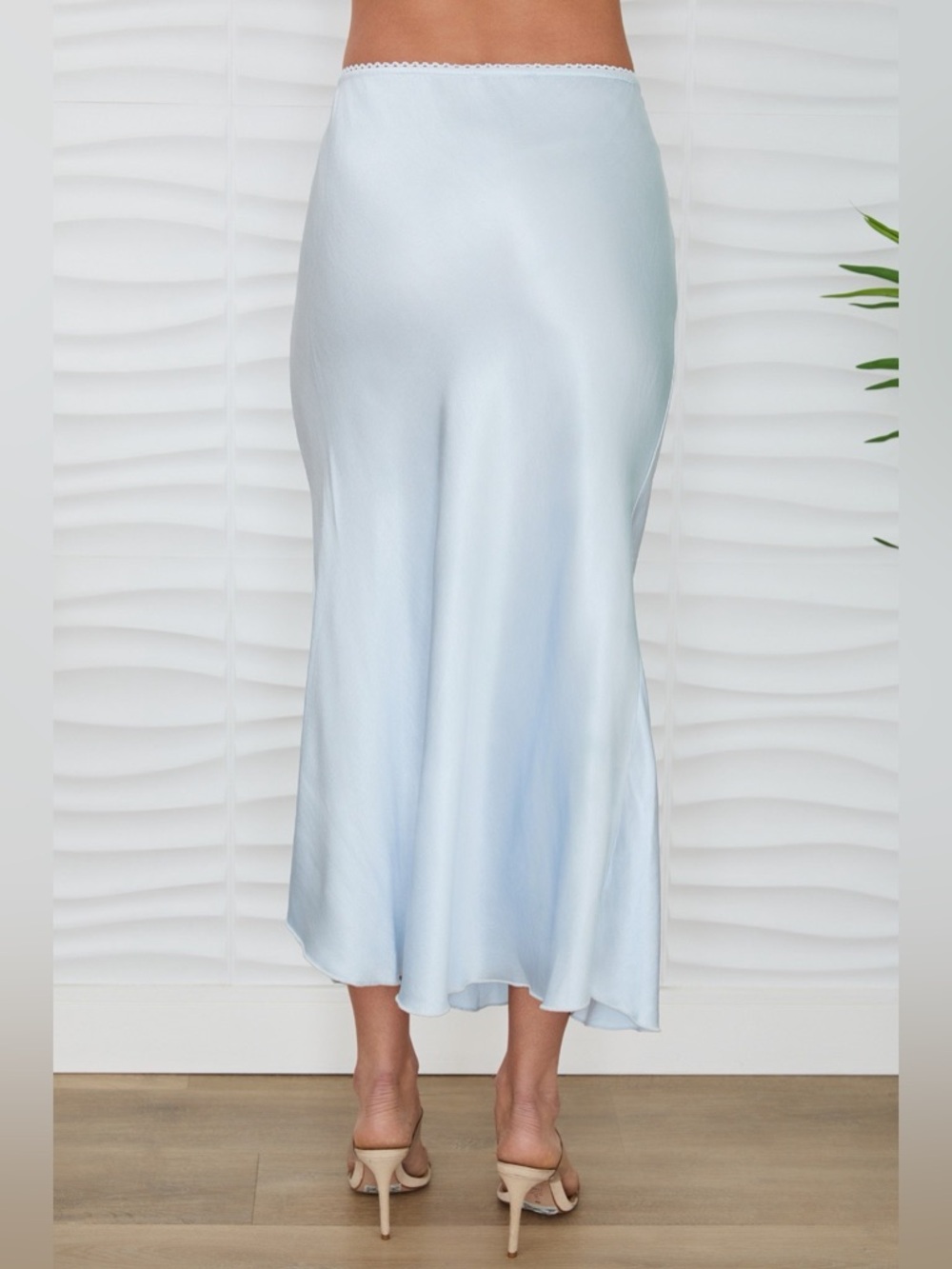 (9298/235110-SKY) SOLID ELASTIC LACE TRIM WAIST SILKY VISCOSE MAXI SKIRT - Picture 3 of 4